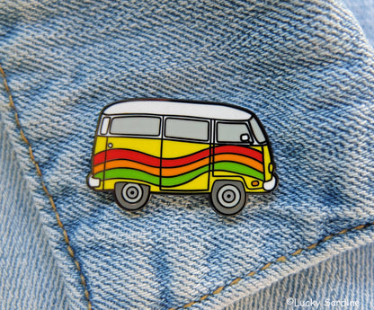 Rainbow Hippie Van, Yellow Bus Enamel Pin