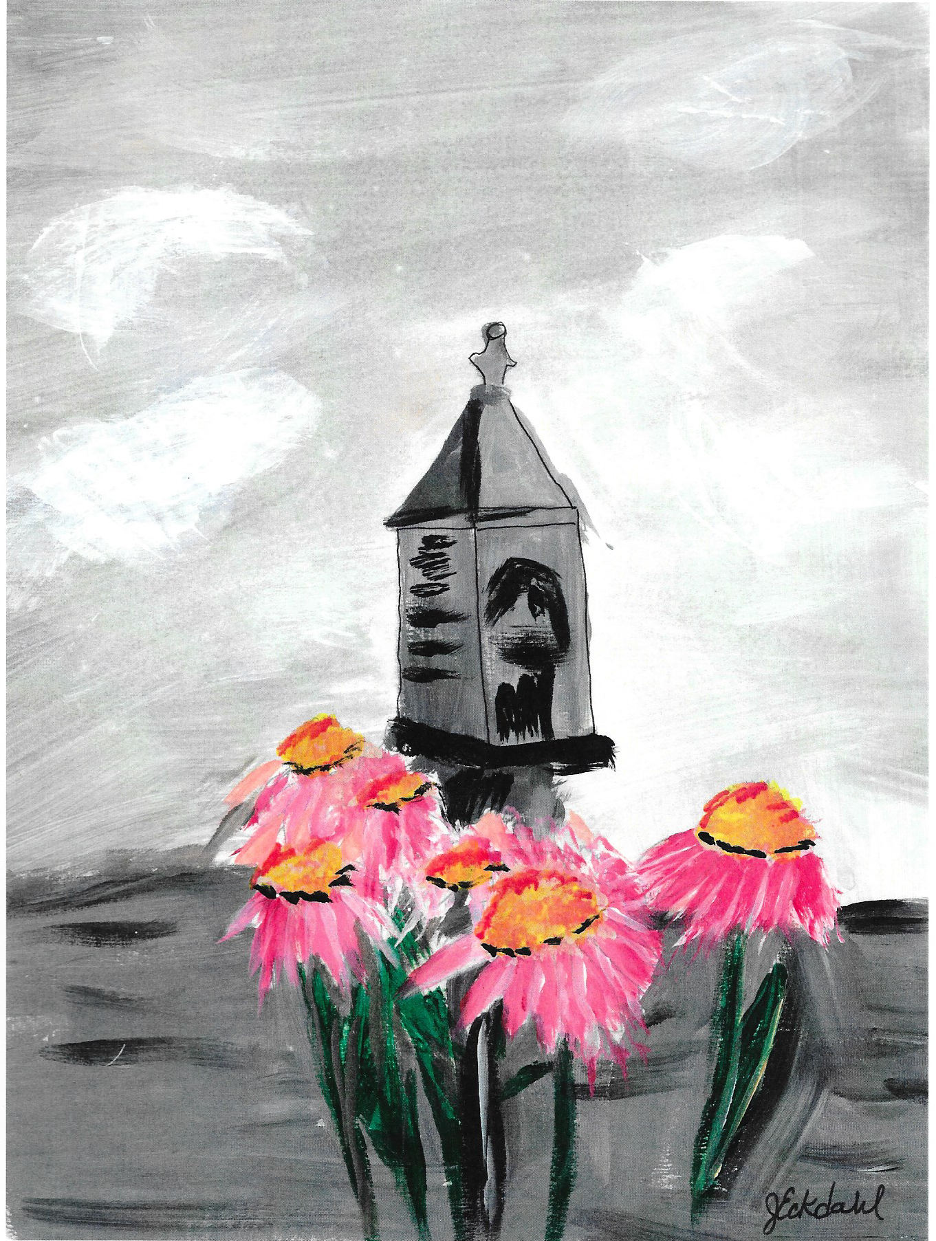 Art Print Birdhouse with Flowers