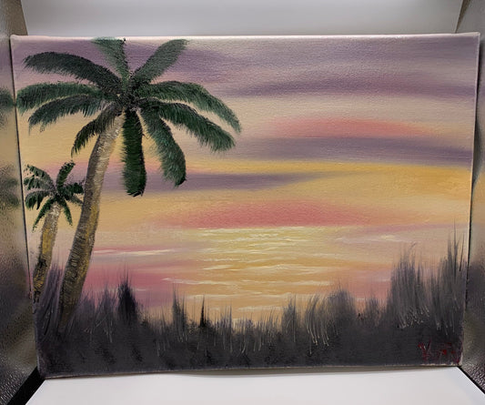 Palm Tree at Sunset in Oils  121601